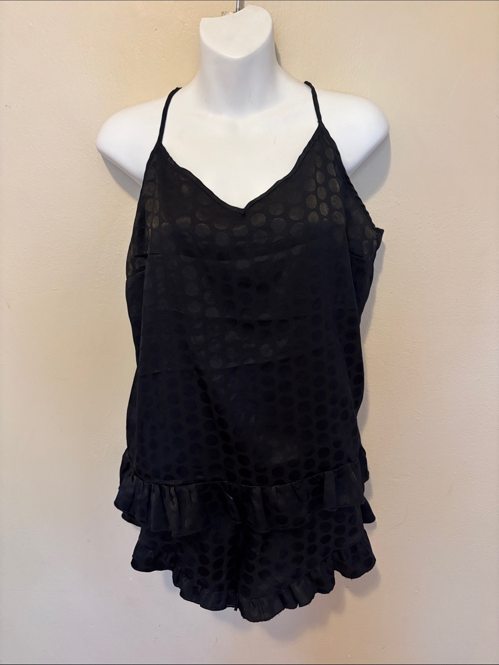 Black Polka Dot Ruffle Cami Romper with Cutout Back